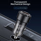 Black transparent dual-port car charger with metal ring and visible internal circuit.