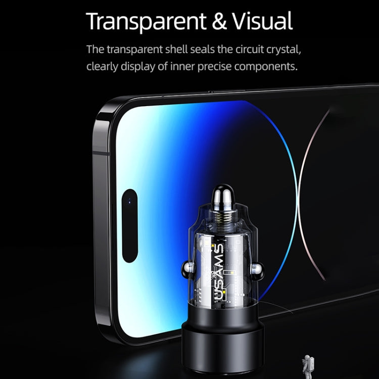 Black car charger with transparent shell showing inner circuit components.