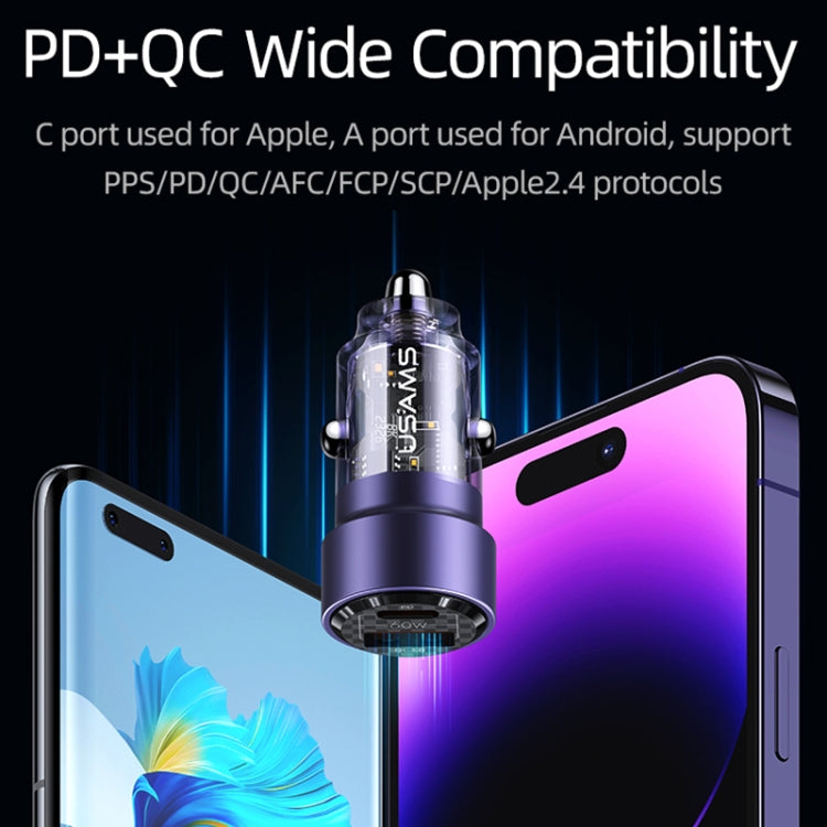 Purple transparent dual-port car charger plug with visible charging circuitry.