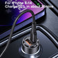 Black dual-port car charger with transparent core and charging plug for car socket.