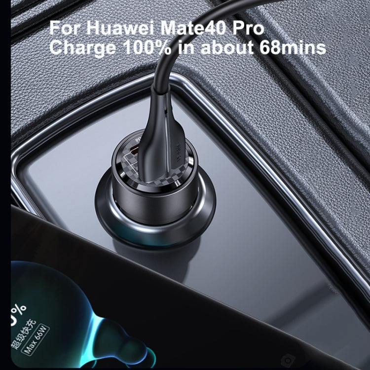 Black dual-port car charger with round base and transparent charging tube.