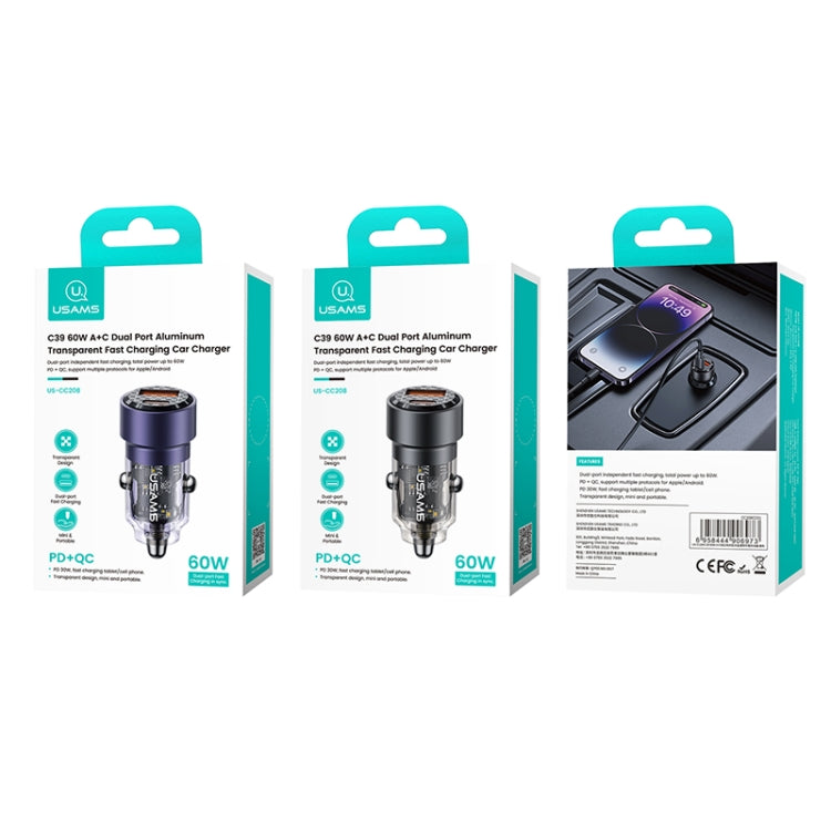 USAMS dual-port car charger retail boxes for CC208 C39, 60W fast charging.