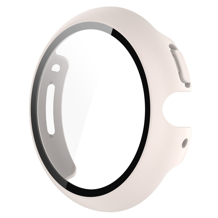 White integrated protective case with clear tempered screen film and cutouts for watch