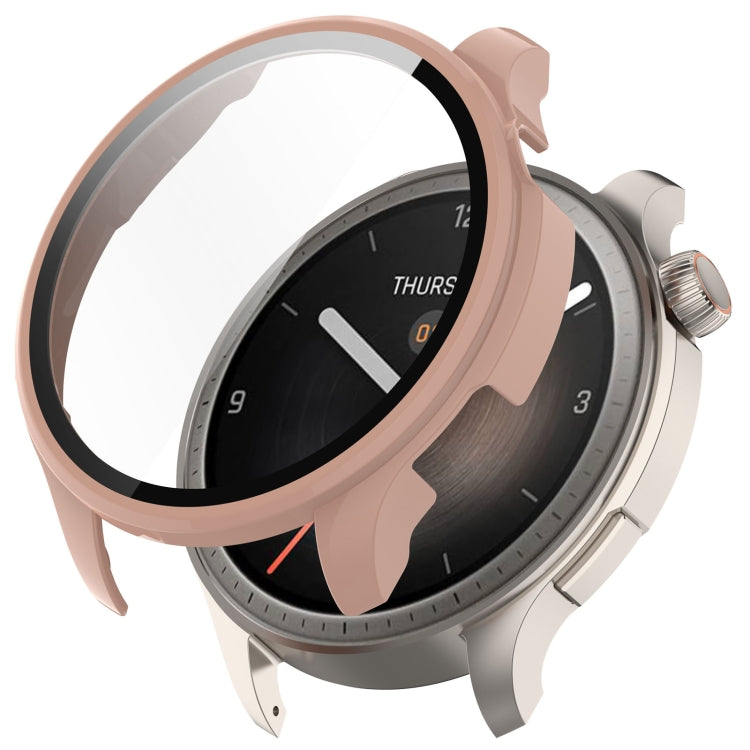 Rose-pink protective watch case with integrated tempered film for round smartwatch display