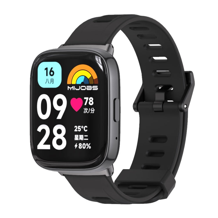 Black TPU watch band with perforated strap, silver metal buckle, for smartwatch