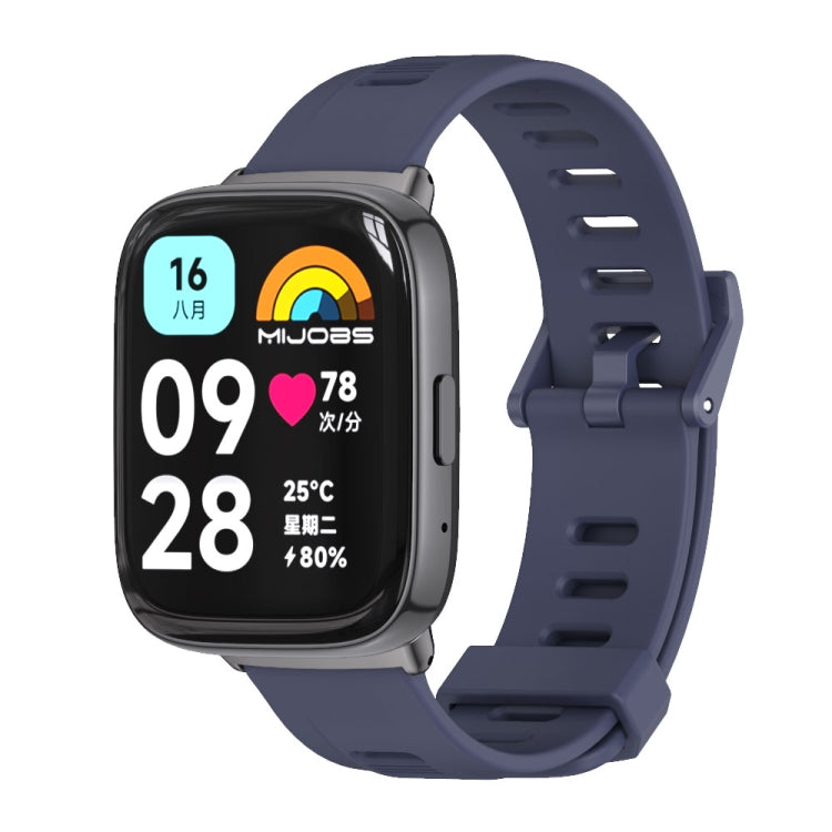 Midnight blue TPU watch band with perforated strap, metal buckle, smartwatch view