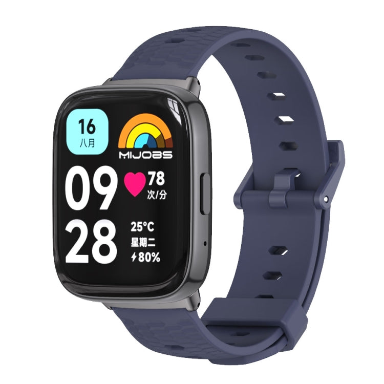 Honeycomb-texture TPU watch band in dark blue with metal buckle and pin holes