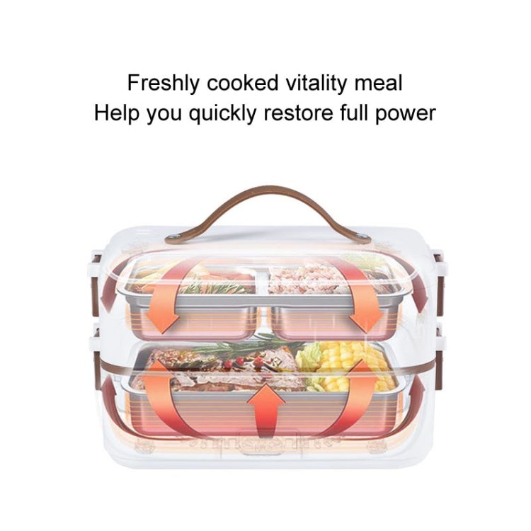 White heated lunch box with clear lid showing cooked meal trays