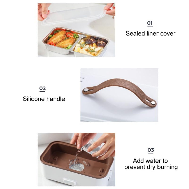 White electric lunch box with brown silicone handle and sealed liner cover