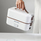 White electric lunch box with brown handle and front button on the lid