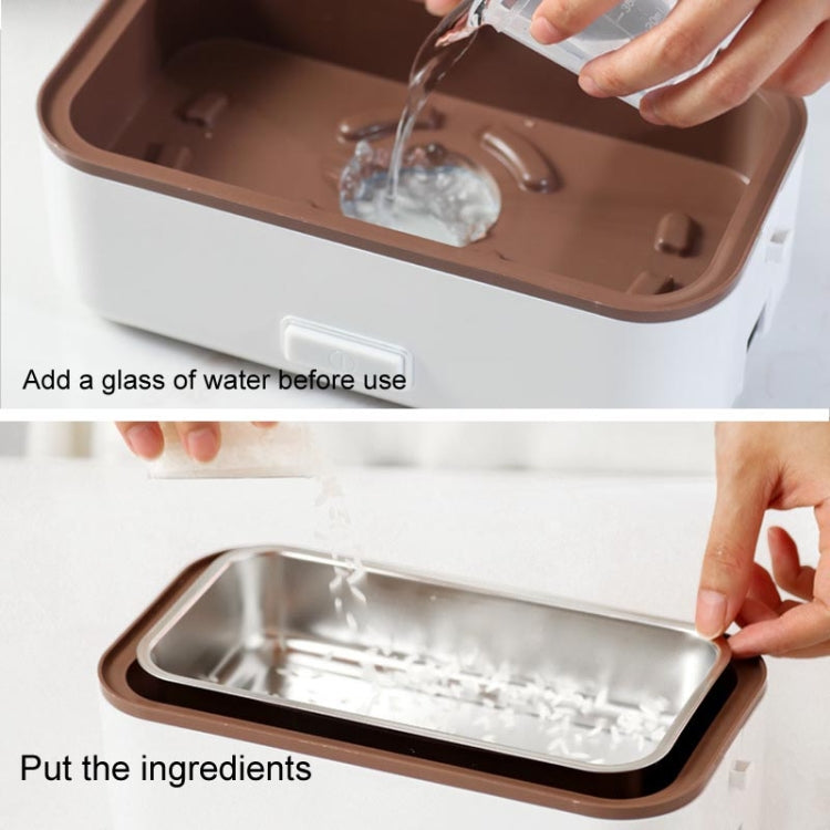 Open white electric lunch box with brown inner tray and water being poured