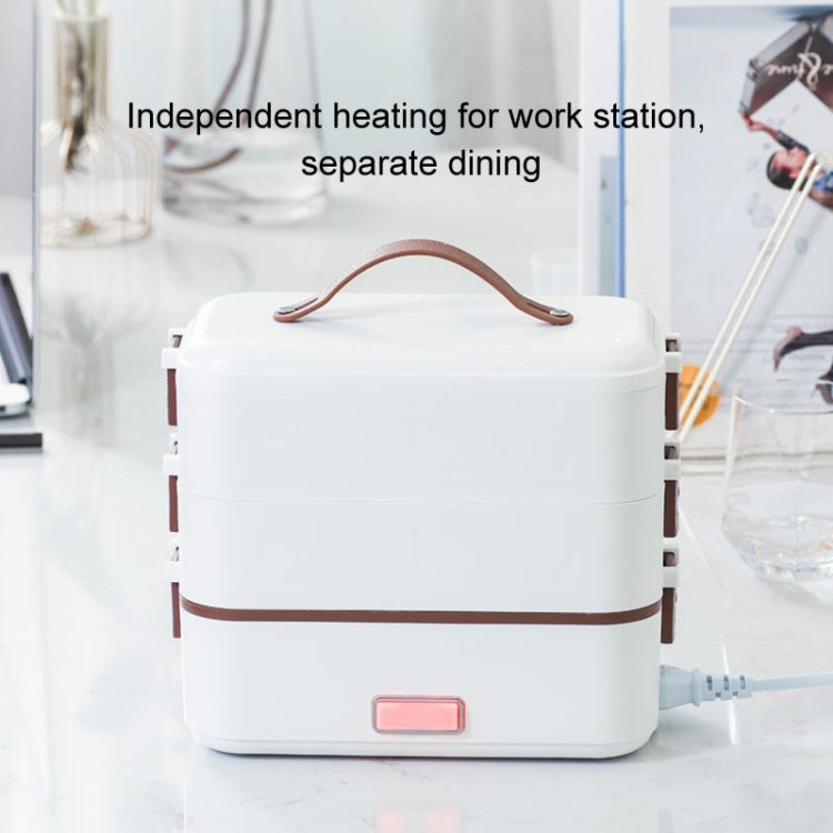 White electric lunch box with brown-trim straps and red front indicator light
