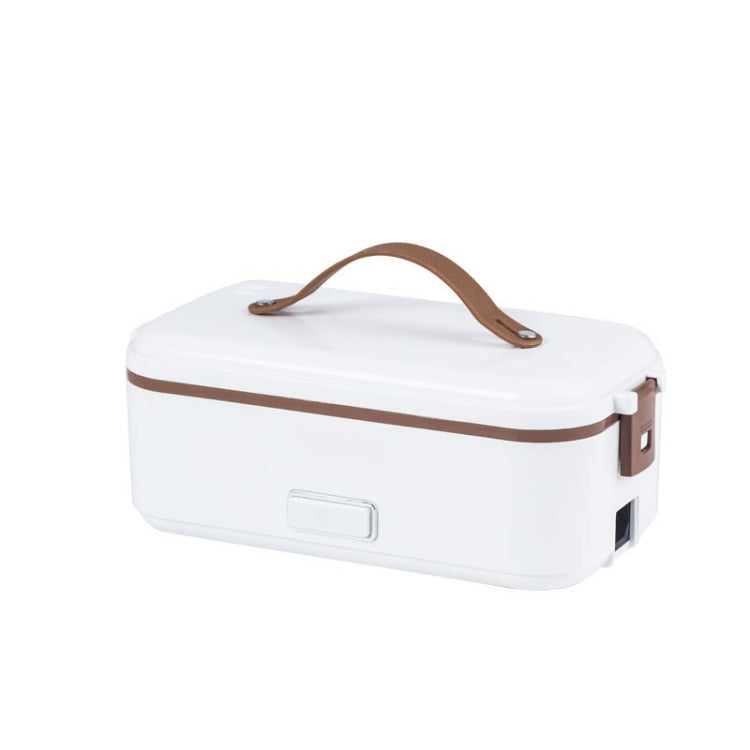 White electric lunch box with brown handle, front latch panel, and side plug outlets
