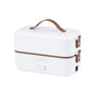 White electric lunch box with brown handle and trim stripe, front latch and side ports