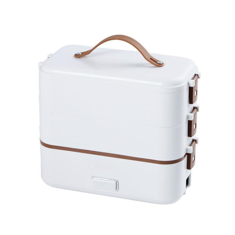 White electric lunch box with brown handle and stacked side outlet ports