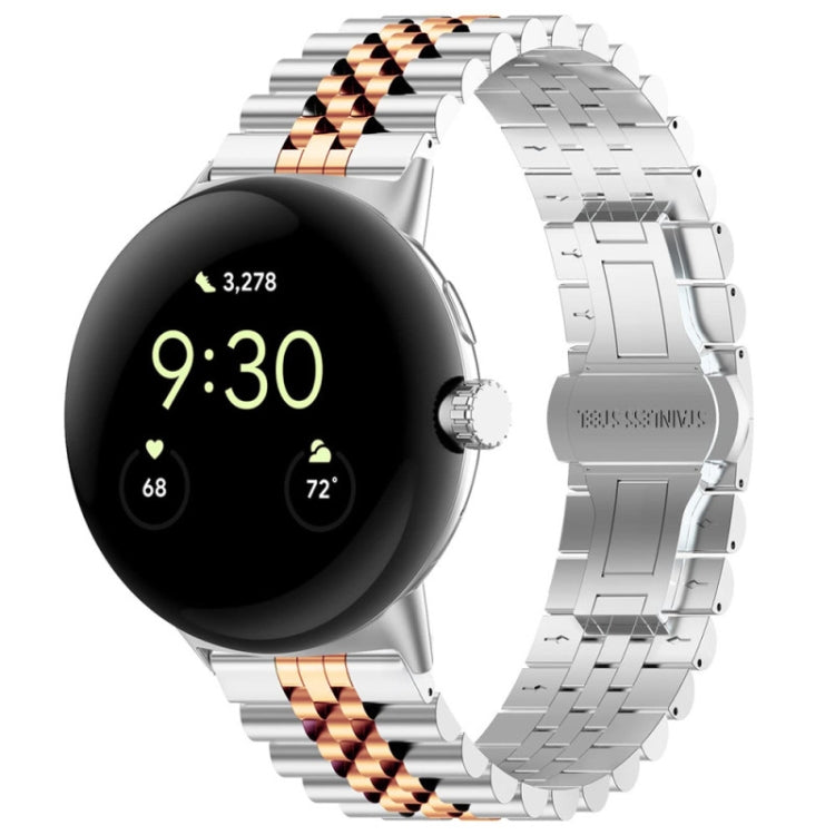 Two-tone stainless steel watch band with black and copper-gold striped link pattern