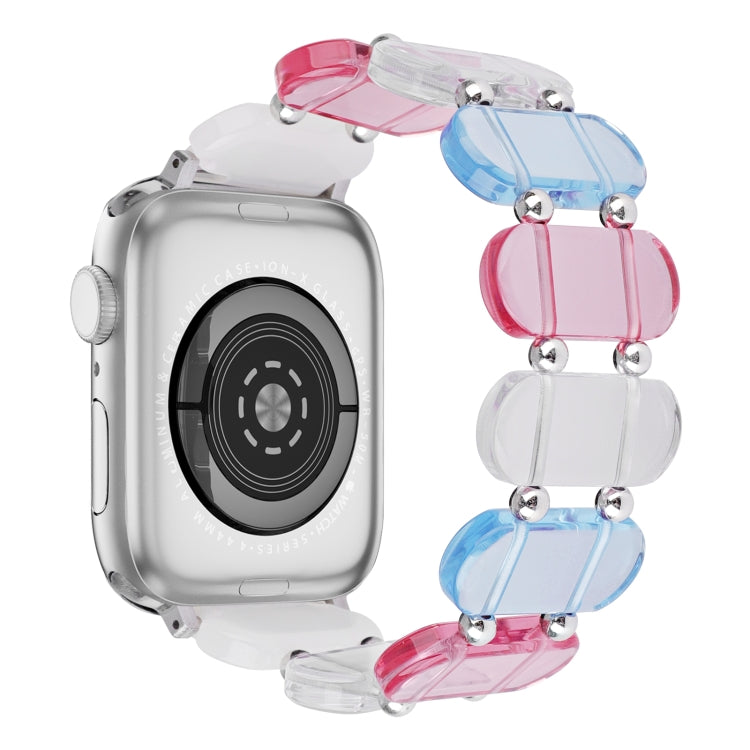 Stretch resin watch band with transparent pink, blue, and red chunky links