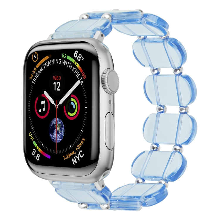 Stretch resin watch band for Apple Watch, transparent blue link design with metal pins