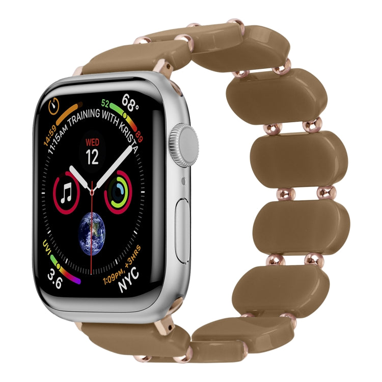 Stretch resin watch band for Apple Watch, tan brown oval resin link design with metal pins