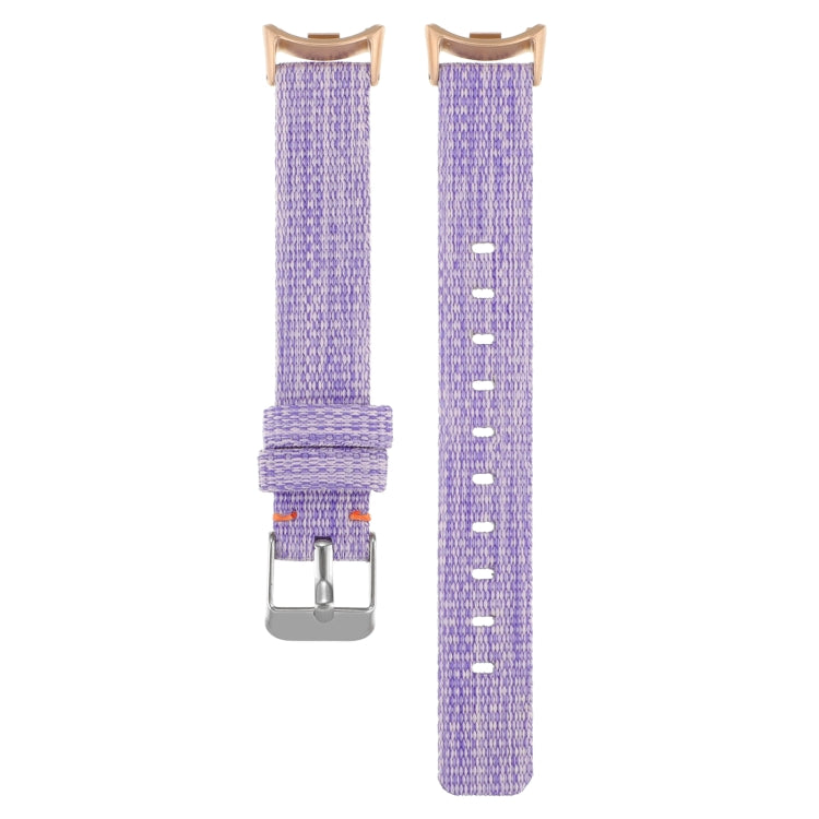 Lavender purple nylon canvas watch band with metal buckle, shown front and back