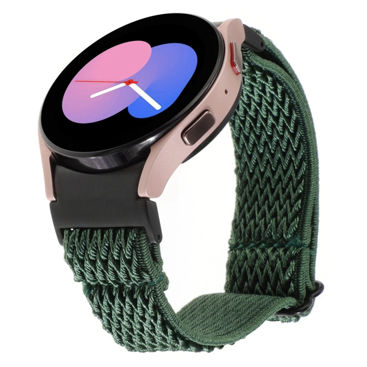 Braided nylon watch band in dark green zigzag weave, with loop-and-pin clasp, for Samsung Galaxy Watch