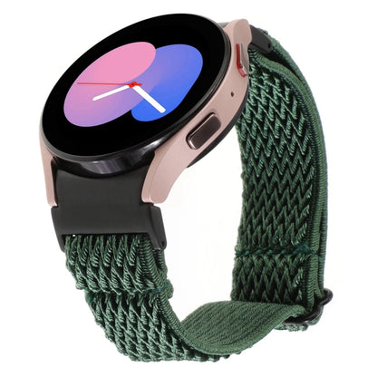 Braided nylon watch band in dark green zigzag weave, with loop-and-pin clasp, for Samsung Galaxy Watch
