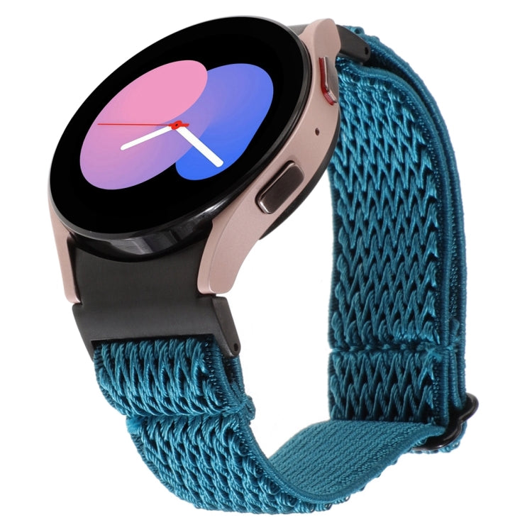 Braided nylon watch band in teal blue zigzag weave, with loop-and-pin clasp, for Samsung Galaxy Watch