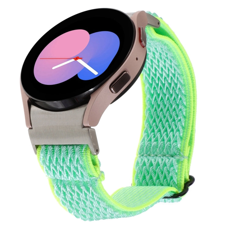 Braided nylon watch band in neon green zigzag weave, with loop-and-pin clasp, for Samsung Galaxy Watch