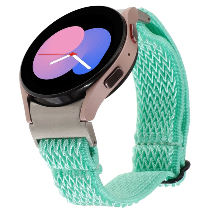 Braided nylon watch band in mint green zigzag weave, with loop-and-pin clasp, for Samsung Galaxy Watch