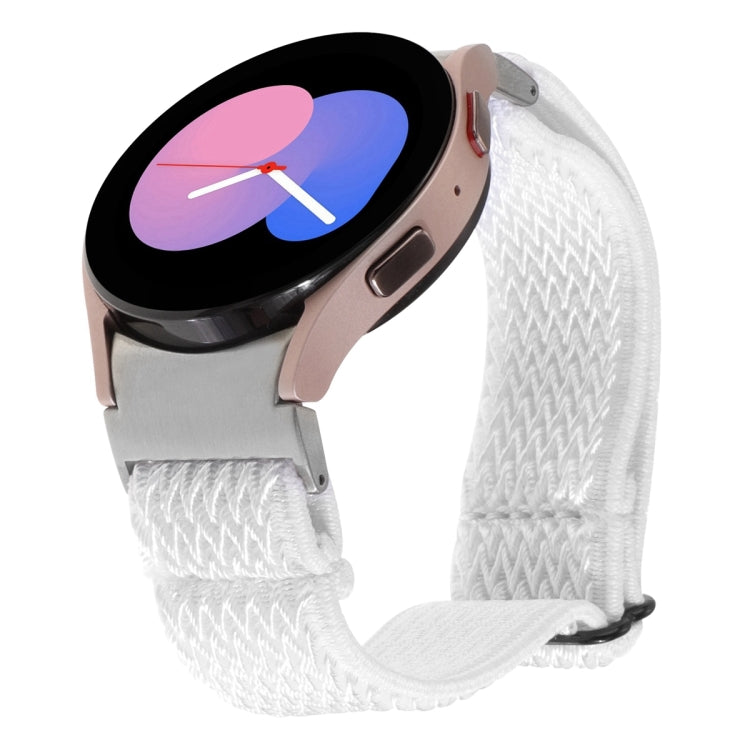Braided nylon watch band in white zigzag weave, with loop-and-pin clasp, for Samsung Galaxy Watch
