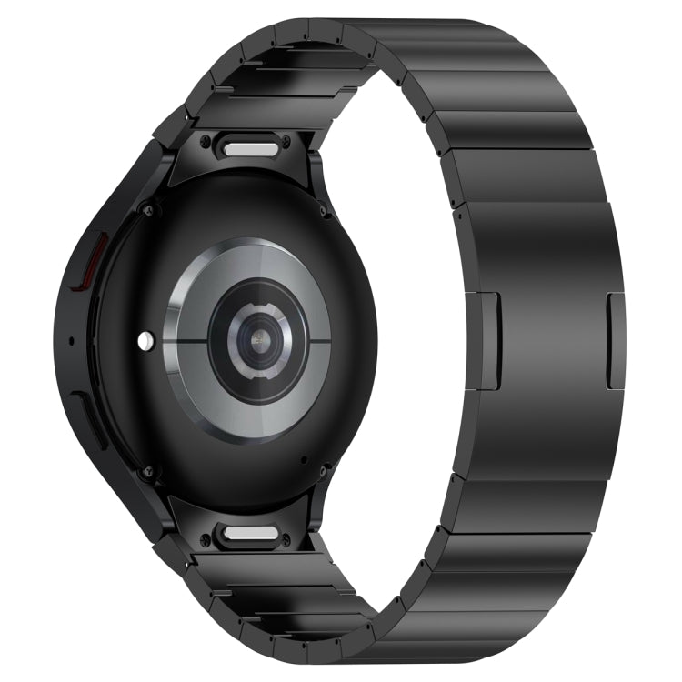 Dark gray metal watch band with one-bead link design, side view on smartwatch