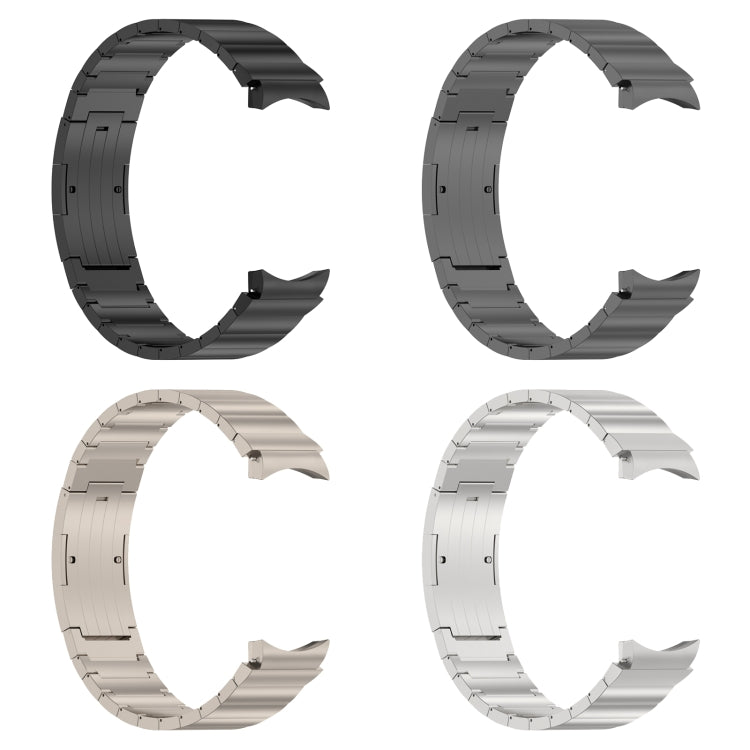 Four metal watch bands in black, dark gray, beige, and silver with one-bead links