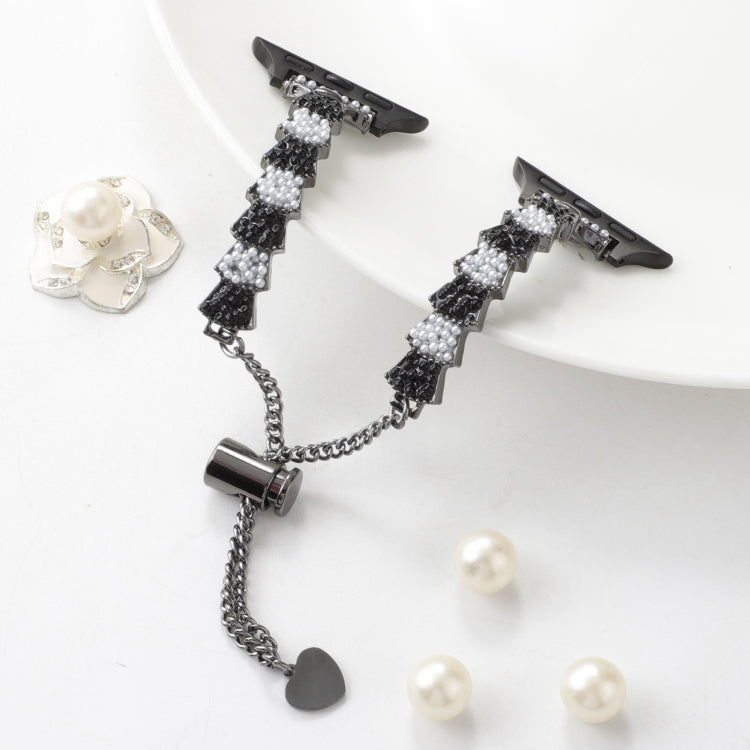 Black shell-bead chain smartwatch bracelet with heart charms and pearl accents