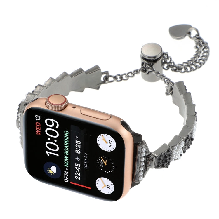 Silver shell-bead chain smartwatch bracelet with round clasp and dangling chain charms