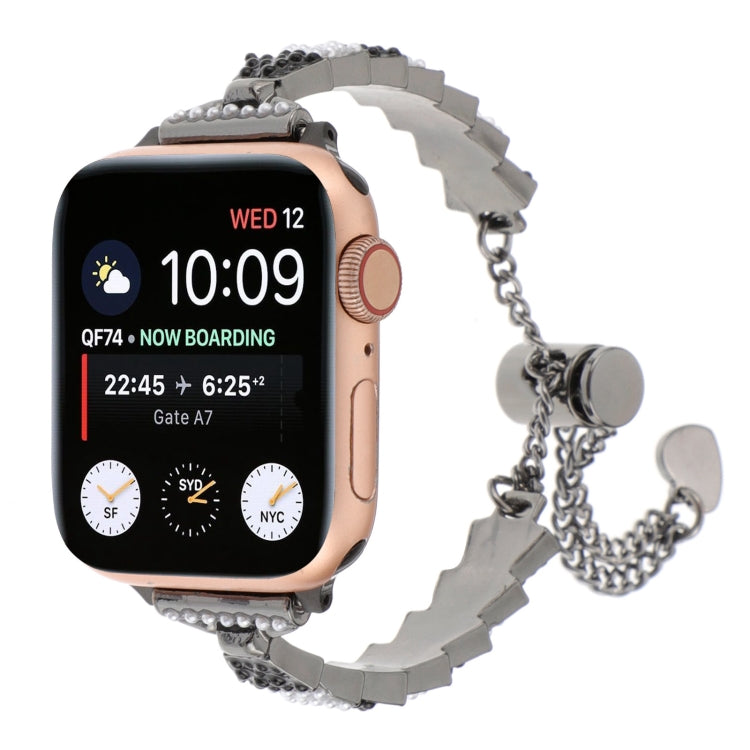 Shell bead chain watch band with dark metal links and gray bead accents