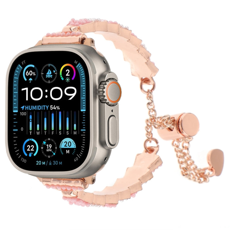 Shell bead chain watch band with rose-gold links and pink bead accents
