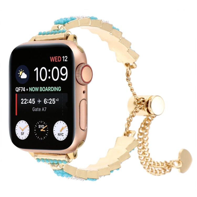 Metal shell bead chain Apple Watch band in gold with light blue bead sections and charms