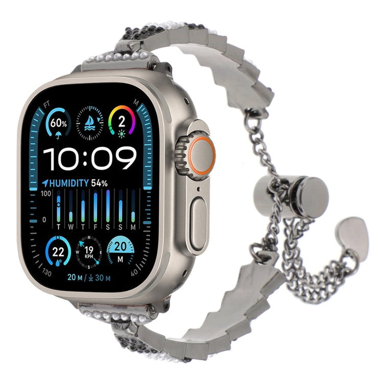 Metal shell bead chain Apple Watch band in white-and-silver with round dangling charm details