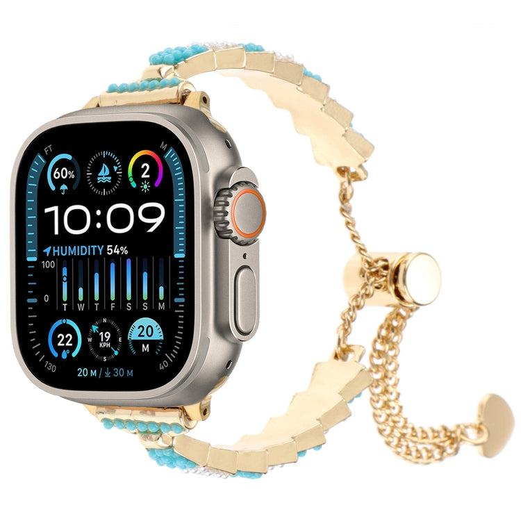 Gold shell-bead chain metal watch band for Apple Watch with blue bead accents
