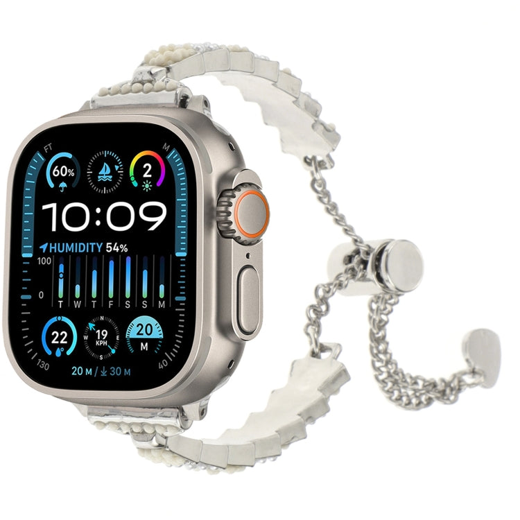 Silver shell-bead chain metal watch band for Apple Watch with white bead accents