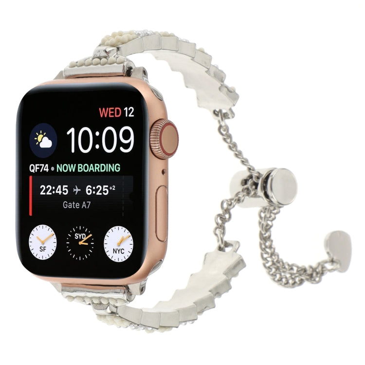 Shell bead chain metal watch band for Apple Watch, silver with white shell beads