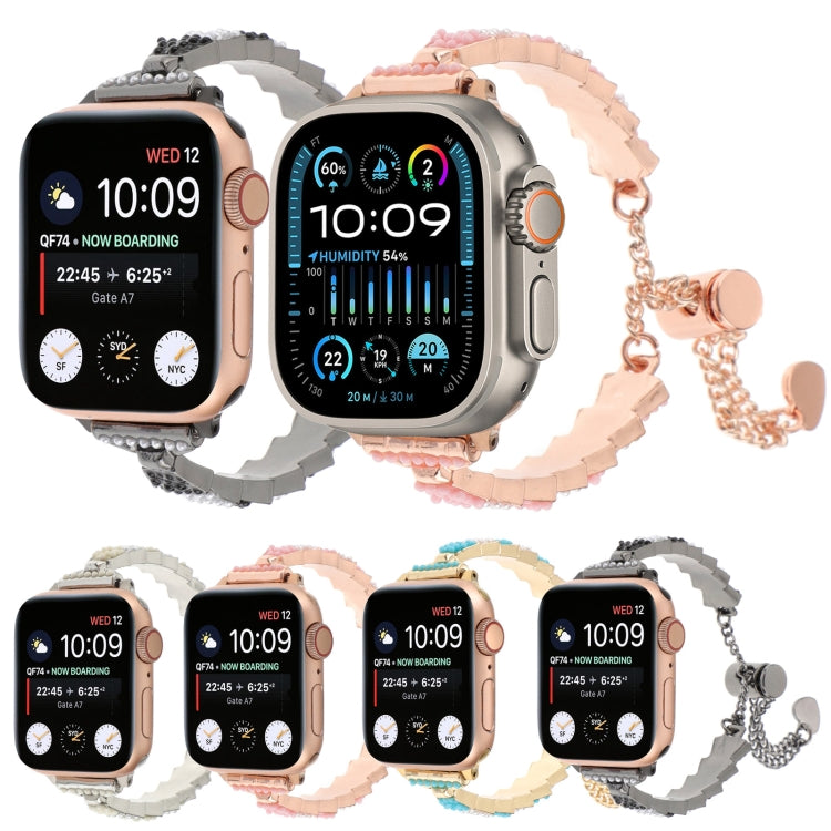 Shell-bead chain smartwatch bracelet set in gray and rose tones with heart charms