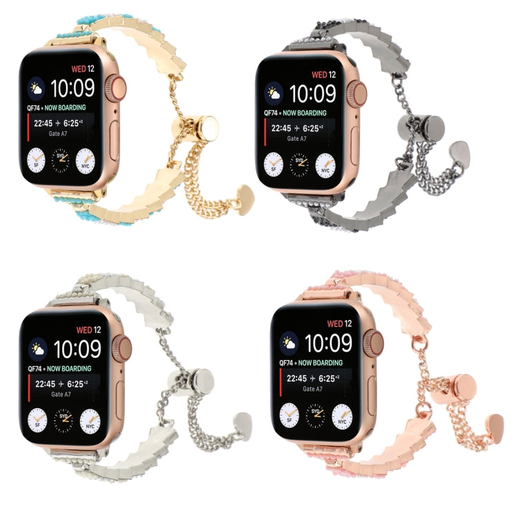 Shell-bead chain smartwatch bracelet assortment in gold, rose, gray, and blue