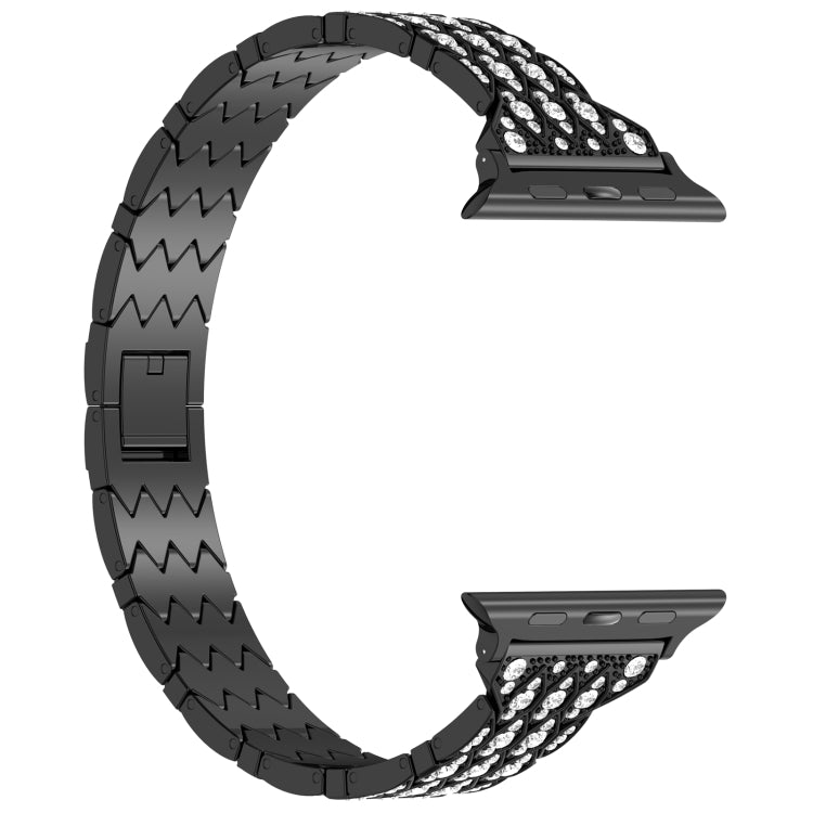Black metal watch band with zigzag links and stacked rhinestone devil-eye rows