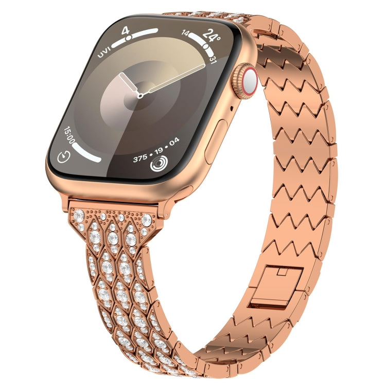 Rose gold metal Apple Watch band with zigzag links and rhinestone devil-eye centerpiece
