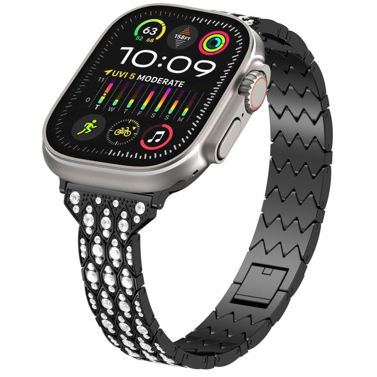 Black diamond-studded metal watch band with zigzag links and cluster stone panels