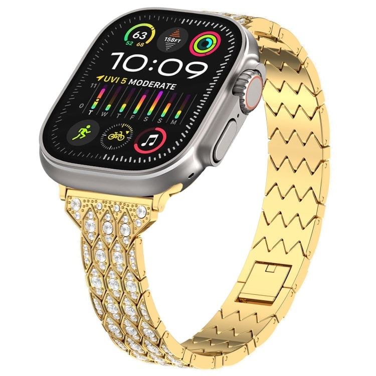 Gold diamond-studded metal watch band with zigzag links and sparkling stone rows