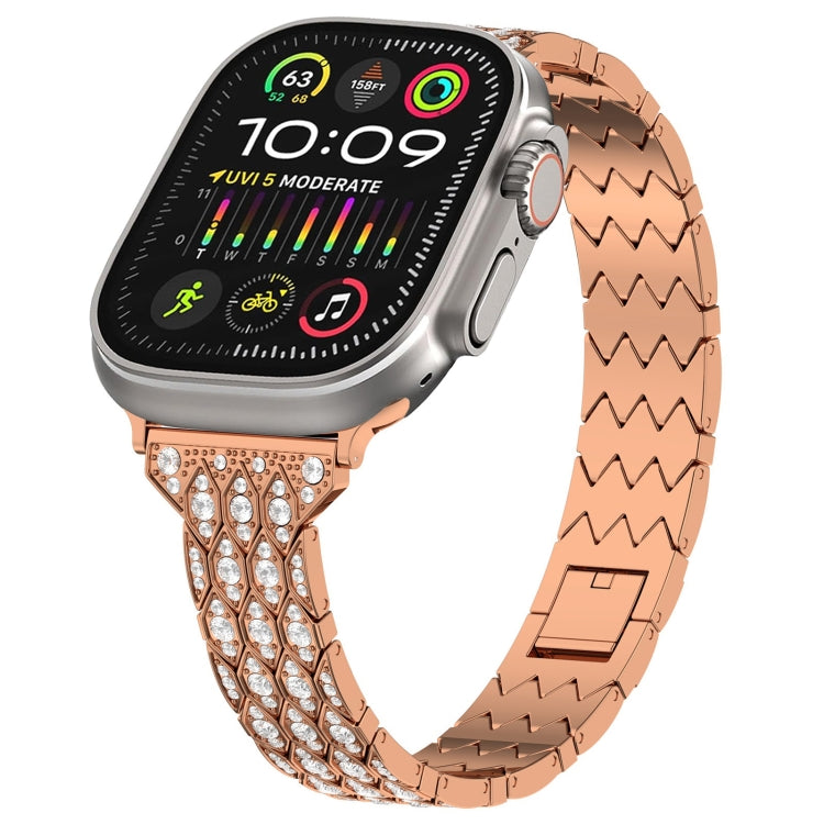 Rose gold diamond zigzag watch band with red devil eye emblem and crystal rows