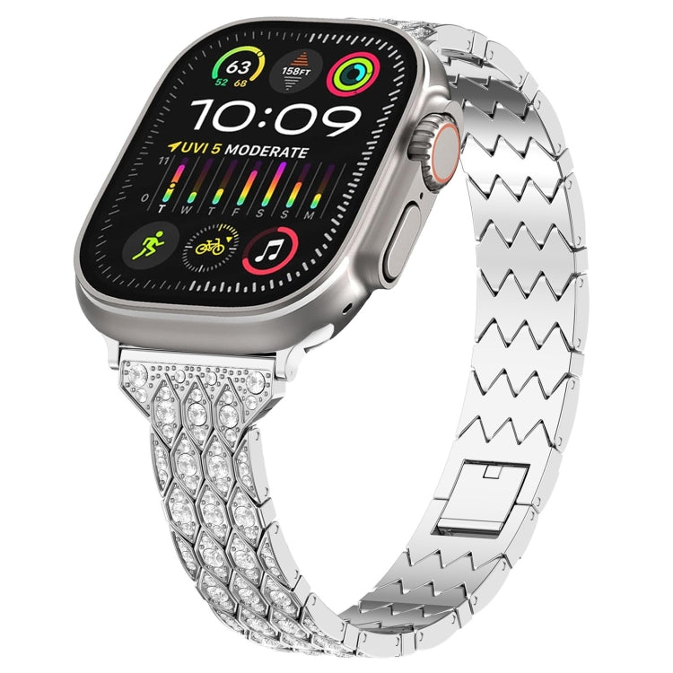 Silver diamond zigzag watch band with red devil eye emblem and crystal rows
