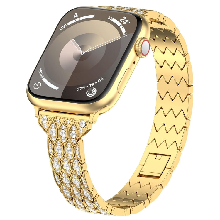 Gold metal watch band with diamond-like devil-eye details and zigzag link bracelet